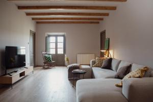 Una sala de estar con un sofá y un televisor. en Mas Toralles, en Sant Privat de Bas