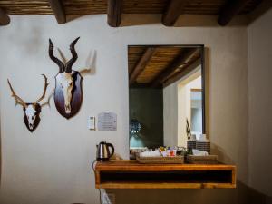 Un espejo en una pared con dos cabezas de ciervo. en Bona Bona Game Lodge en Wolmaranstad