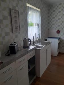 eine Küche mit einer Spüle und einer Arbeitsplatte in der Unterkunft Ferienwohnung Reepschläger in Papendorf