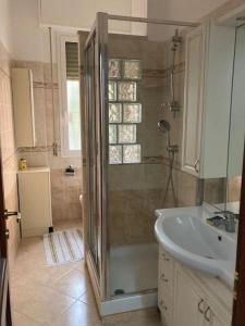 een badkamer met een douche en een wastafel bij Appartamento giardino in Rapallo