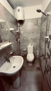 uma casa de banho com um WC, um lavatório e um chuveiro em Downtown Tahrir view hotel - foreiigners only no Cairo