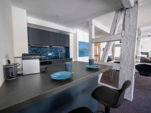 una cocina con encimera con placas azules. en Ferienwohnung Seeromantik in 2 Minuten am See, en Radolfzell am Bodensee
