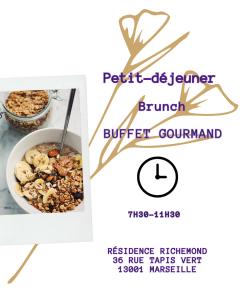une photo d'un bol de granola et d'un flyer pour un meilleur gastronomique dans l'établissement Résidence Richemond, à Marseille