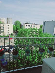 uma varanda com vasos de plantas sobre uma cerca em Apartament nr 8 em Gdynia