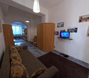 uma sala de estar com um sofá e uma televisão na parede em Loft w centrum Złotego Stoku em Złoty Stok