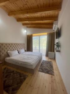 een slaapkamer met een groot bed en een groot raam bij Guest-Room Zoi&Teri in Tepelenë