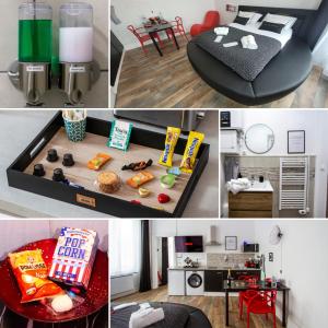 uma colagem de fotografias de uma sala de estar e de uma cozinha em L'Hyper Centre - Netflix & Wifi - Lit Haut de Gamme & Sofa Tantra - check-in 24H24 - GoodMarning em Châlons-en-Champagne
