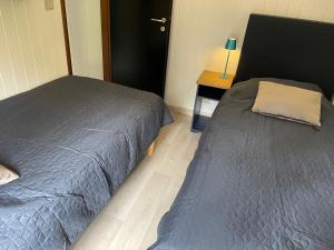 een slaapkamer met een bed en een nachtkastje met een lamp bij Le petit gîte in Vresse-sur-Semois