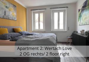 ein Schlafzimmer mit einem Bett und zwei Fenstern in der Unterkunft nice2be Apartments in Augsburg