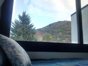 Schlafzimmer mit einem Fenster mit Bergblick in der Unterkunft Monoambiente céntrico equipado - AlquilaMiCasa in San Martín de los Andes