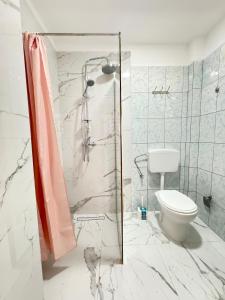 ein Bad mit einer Dusche und einem WC. in der Unterkunft Bellavista Villa in Durrës