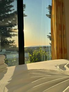 Schlafzimmer mit einem Bett und Meerblick in der Unterkunft Bellavista Villa in Durrës