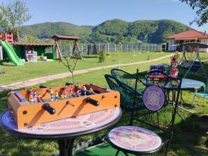une table avec un équipement de jeu dans un parc dans l'établissement Desculti prin iarba- la 6,6 km de centrul Piatra Neamt, à Piatra Neamţ
