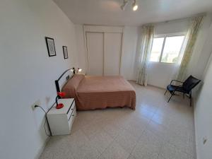 ラ・マンガ・デル・マール・メノールにあるApartamentos Parque Luz V.v.のベッドルーム1室(ベッド1台、椅子、窓付)