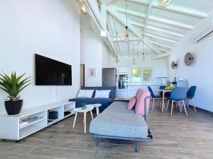 ein Wohnzimmer mit einem Sofa und einem TV in der Unterkunft Villa Romane private pool breathtaking sea view in Anse Marcel 