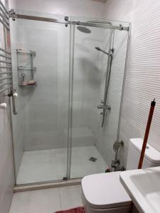 y baño con ducha y puerta de cristal. en batumi apartament en Batumi