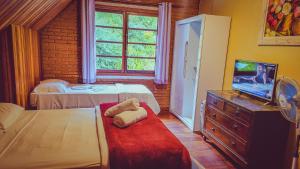 a bedroom with a bed and a tv and a window at Pousada Atalaia Capivari in Campos do Jordão
