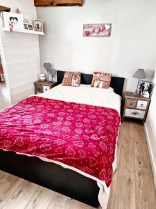 1 dormitorio con 1 cama con manta roja en Maison de 3 chambres avec terrasse et wifi a Faverges Seythenex en Vésonne