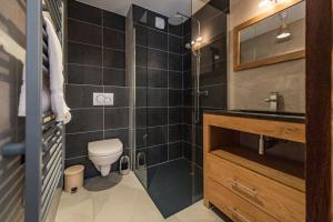 a bathroom with a toilet and a glass shower at Bel appartement 6 personnes avec deux terrasses ensoleillées au coeur du village in Saint-Sorlin-dʼArves
