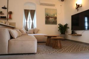 salon z kanapą i telewizorem z płaskim ekranem w obiekcie The stone house w mieście Kefar Daniyyel