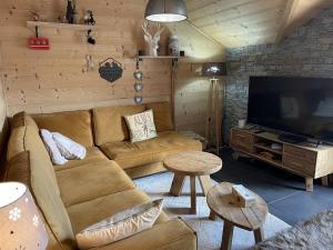 salon z kanapą i telewizorem z płaskim ekranem w obiekcie Appartement Triplex 9 couchages avec terrasse au cœur du village w mieście Saint-Sorlin-dʼArves