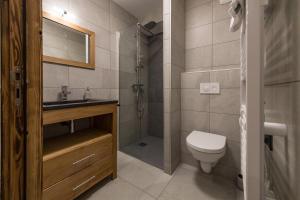 a bathroom with a shower and a toilet and a sink at Appartement neuf au cœur du village - 6 personnes in Saint-Sorlin-dʼArves