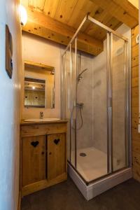 a bathroom with a shower and a sink at Chalet de charme 11 personnes proche du centre du village in Saint-Sorlin-dʼArves