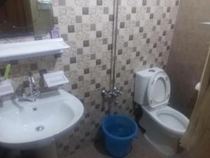 W łazience znajduje się umywalka, toaleta i lustro. w obiekcie Kashmir Inn Hotel w mieście Muzaffarabad