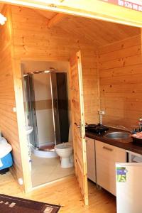 a bathroom with a toilet and a sink at Domki nad jeziorem Mrągowo-Marcinkowo in Mrągowo