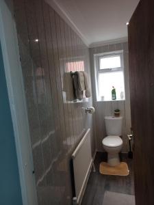 a bathroom with a toilet and a glass shower at An Exquisite Deluxe Room in a Hotel - Free Parking - with access to Resturant - Shisha Bar- Wine Bar in Roundhay