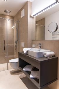 uma casa de banho com um lavatório, um WC e um chuveiro em Spa Apartments - Zell am See em Zell am See