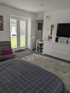 1 dormitorio con 1 cama, TV y sofá en Hawarden near Chester en Hawarden