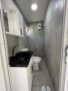 een kleine badkamer met een wastafel en een toilet bij Mutlu Pansiyon in Amasra