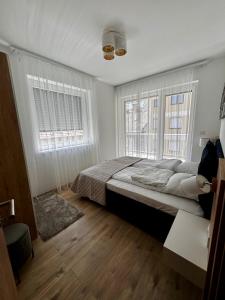 ブダペストにあるVH9 Apartmentsのベッドルーム1室(大型ベッド1台、窓2つ付)