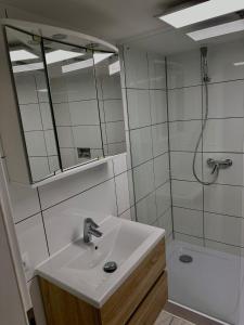 a bathroom with a sink and a shower with a mirror at Zwei Zimmer Wohnung mit Küche in Kuchen