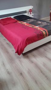 1 cama con manta roja en el suelo de madera en Chambre, en Brézé