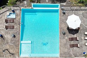 - une vue sur la piscine avec un parasol dans l'établissement Le Grand Bleu, à Andilana