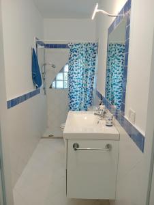 bagno con lavandino, specchio e doccia di villa Amelie a Fondachello