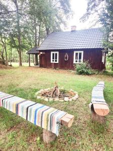 a small house with a fire pit in the yard at Domek na odludziu in Sarnaki