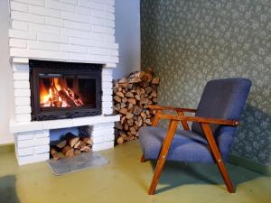 a living room with a chair and a fireplace at Domek na odludziu in Sarnaki