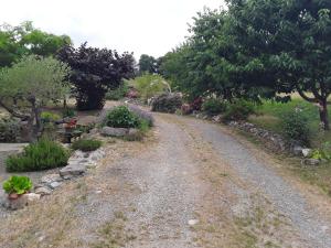 a gravel road with trees and flowers on it at Location en pré montagne in Saleich +1 photo