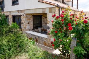 a stone house with red flowers in a yard at Hotel Valdelinares (Soria) in Valdelinares