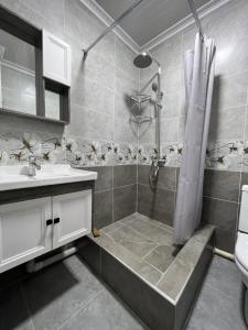 y baño con ducha y lavamanos. en Квартира на Мурас Ордо, en Osh
