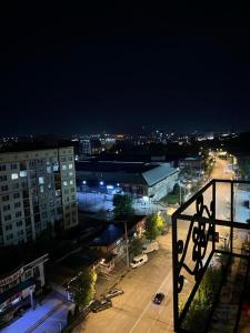 uma vista da cidade à noite a partir de uma varanda em Квартира на Мурас Ордо em Osh