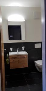 a bathroom with a sink and a toilet at Chalet-Stil privat Zimmer 1-4 in Engelberg