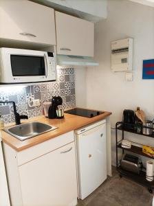 a small kitchen with a sink and a microwave at Studio cosy Rocherfort en Terre Centre in Rochefort-en-Terre