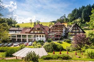 eine Luftansicht eines Hotels mit Parkplatz in der Unterkunft Naturparkhotel Adler in Wolfach