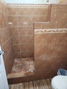 a bathroom with a shower with a toilet at Corrales House in Tela +12 photos