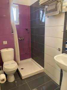 a bathroom with a toilet and a shower at Korali Hotel in Paralia Katerinis