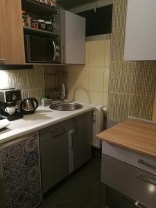 una cocina con fregadero y encimera en Apartament jacuzzi na toruńskiej starówce, en Toruń